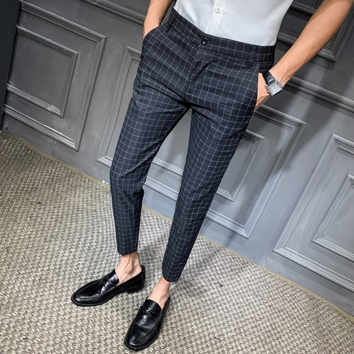 2019 Men Dress Pant Plaid Business Casual Slim fit Ankle Length Pantalon  Classic Vintage Check Suit Trousers Wedding 28-34