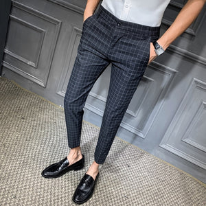 2019 Men Dress Pant Plaid Business Casual Slim fit Ankle Length Pantalon  Classic Vintage Check Suit Trousers Wedding 28-34
