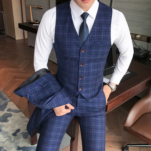 Luxury men's check vest suit trousers 2019 men's formal wear wedding dress large size casual business men's suit vest trousers